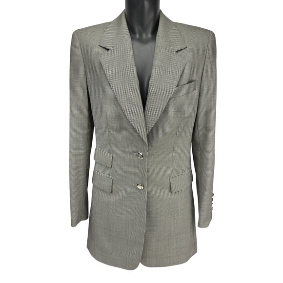 ESCADA VTG Power 100% Wool Longline Academia Houndstooth Gray Blazer Eu 36 Us 4 - Picture 2 of 13